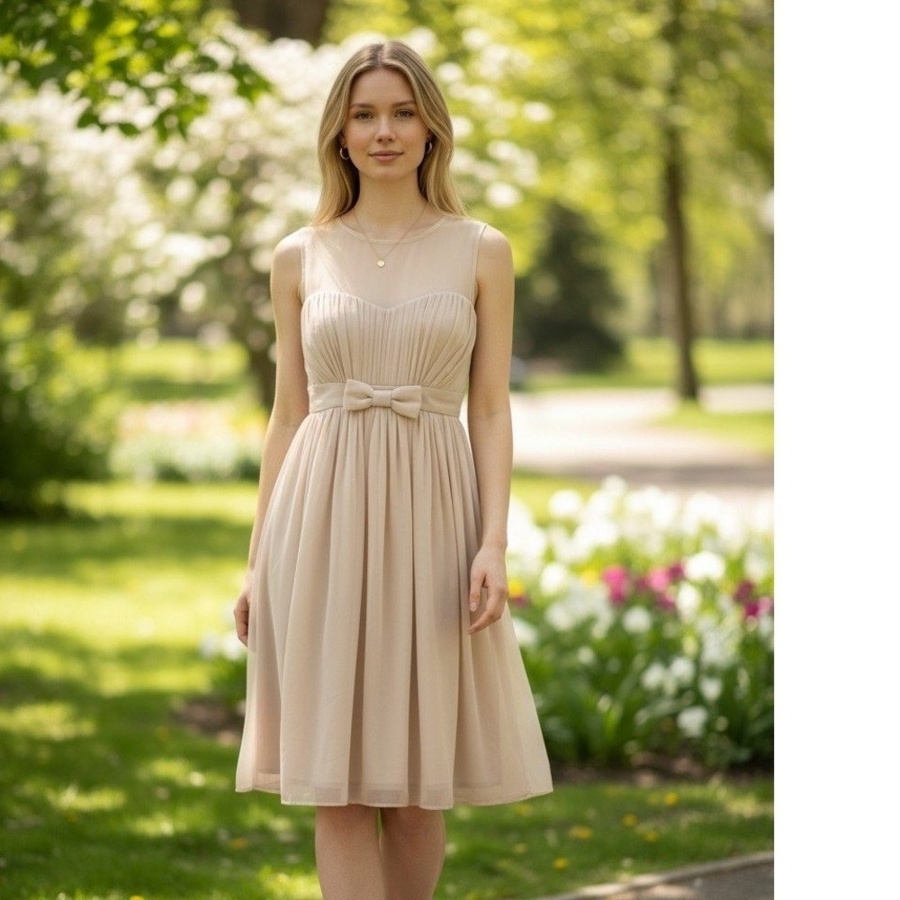 Elana Beau NWT Pleated Bow Waist Dress Beige Sleeveless Midi Luxe Party $220